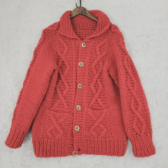 Canadian Handmade Red Cable Knit Cardigan Sweater100% Virgin Wool Men's M  16PT - Picture 1 of 8